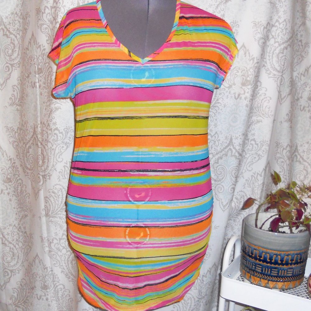 Anne Cole L/XL Colorful Striped Sheer Cover Up Ruched Sides